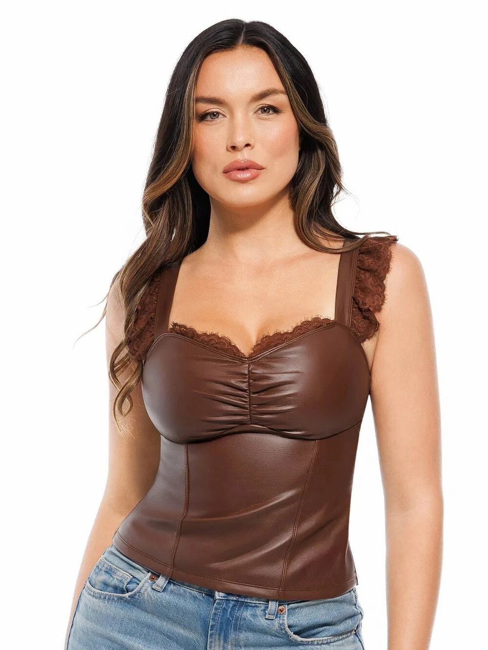 Popilush Lace Trim Sculpting Camisole Top in brown WOMENS SMALL